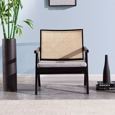Black Solid Wood Rattan Back Armchair Living Room Balcony Lounge Chair