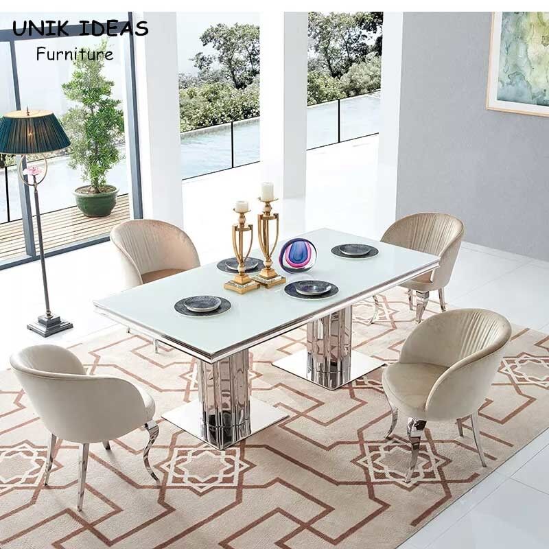 Luxury Glass Dining Room Table Set 6 Chairs With Metal Leg Chrome