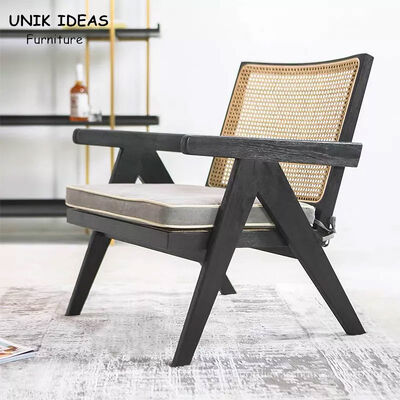 سعر جيد Black Solid Wood Rattan Back Armchair Living Room Balcony Lounge Chair الانترنت