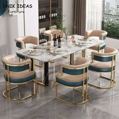 سعر جيد Luxury Style Metal Leather Dining Table And Chairs Iron Gilded Legs Leather Seat OEM الانترنت