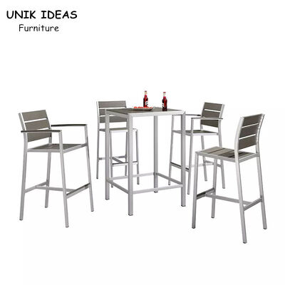سعر جيد 7 Piece Bistro Bar Table And Stools Aluminum Frame Wood Surface UV Resistant الانترنت