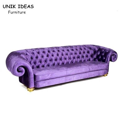 سعر جيد Purple Velvet 3 Seats Button Tufted Sofa Wood Frame Club Lounge Sofa الانترنت