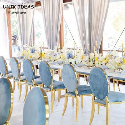 سعر جيد Blue Velvet Gold Rim Chairs Banquet Table And Chairs For Party Event Wedding الانترنت