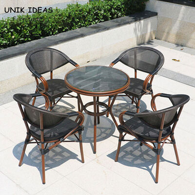 سعر جيد Woven Black Stackable Outdoor Dining Chairs Mesh Frame Aluminum Restaurant 83cm الانترنت