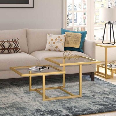 سعر جيد Geometric Tempered Glass Coffee Tables Gold Stainless Steel Frame For Home Hotel الانترنت